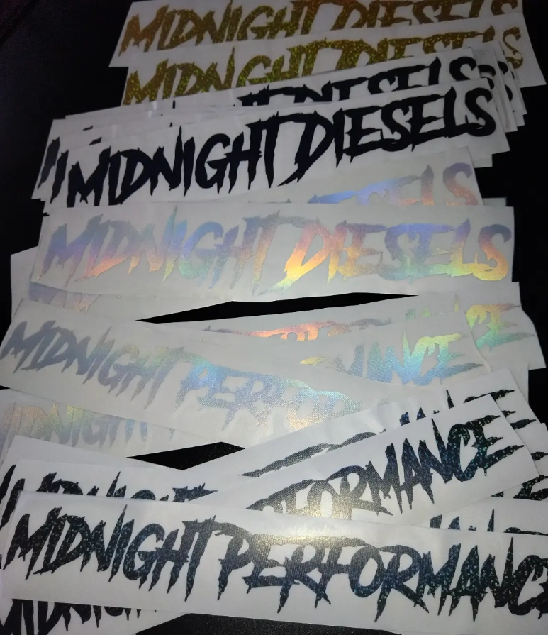 Midnight Diesels holographic and black sticker designs